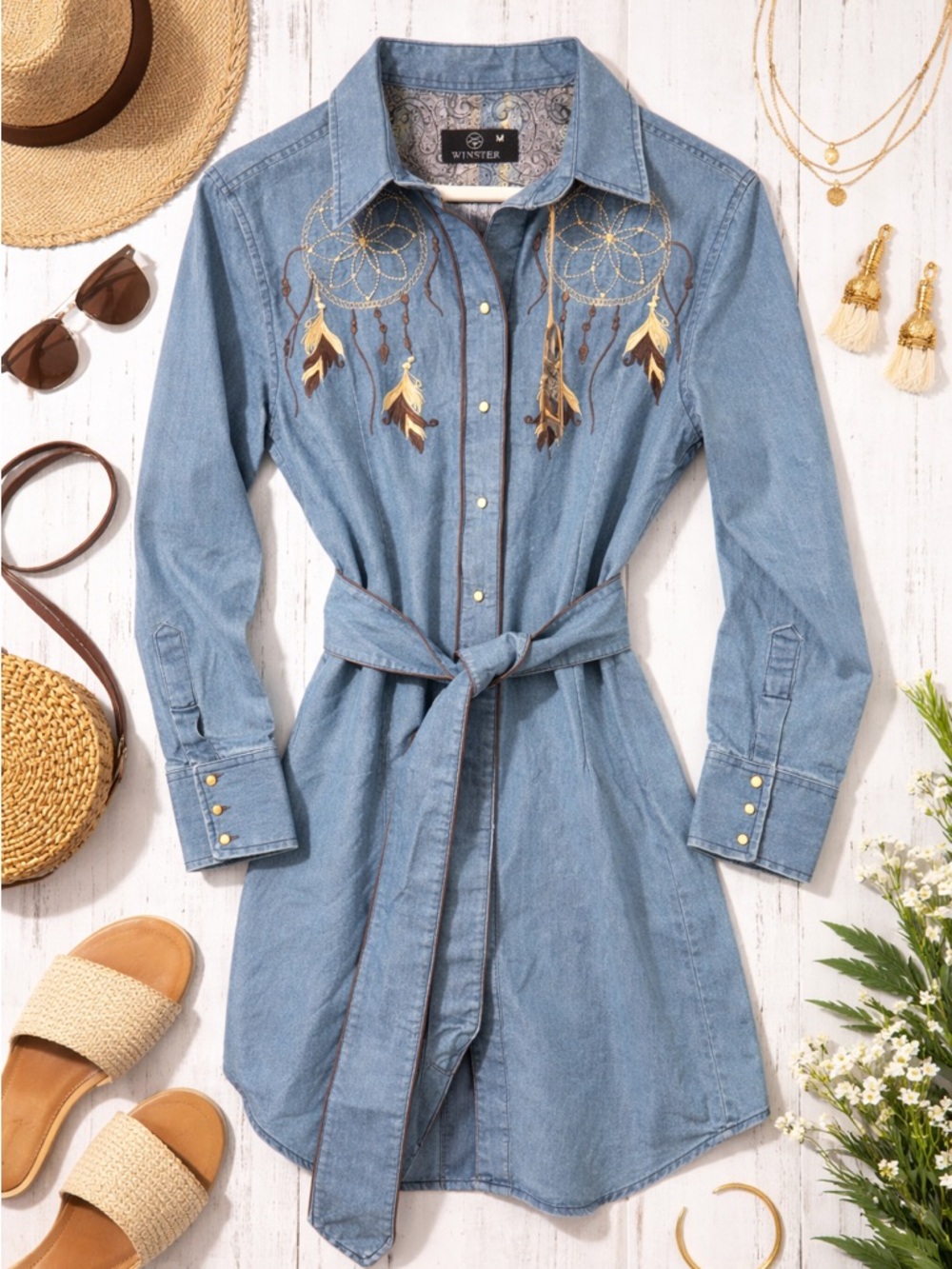 Winster Western Denim Dress Medium Embroidered Dreamcatcher Tie Belt Boho NWT - Picture 2 of 11